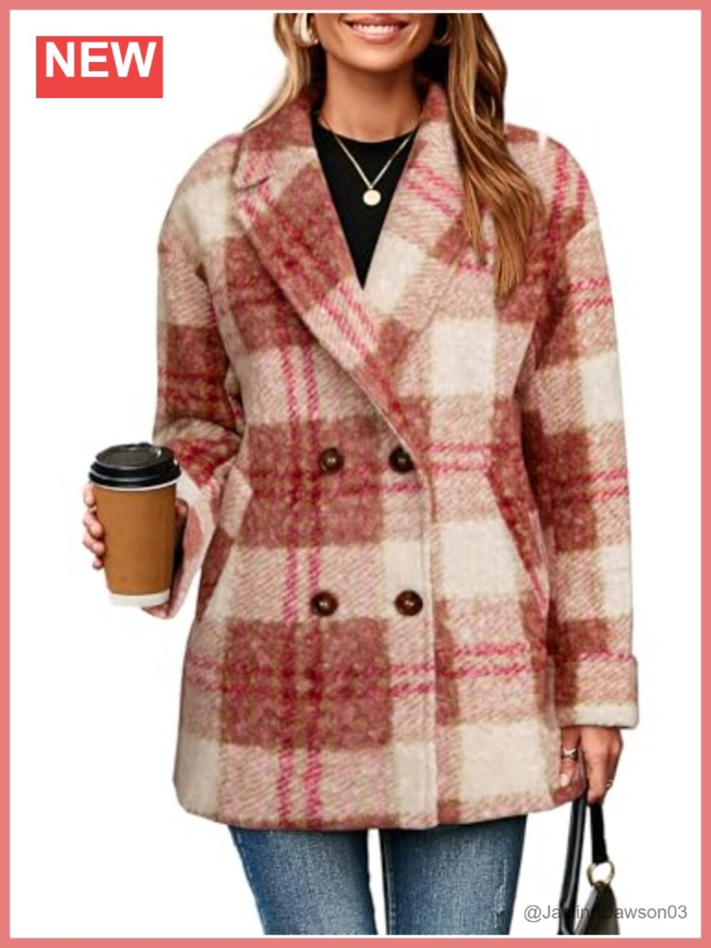 Women's Plaid Double Breasted Pea Coat Lapel Collar Casual Work Jacket